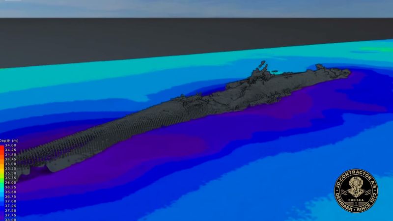 A sonogram shows the HMS Tarpon—resting nearly upright—at the bottom of the North Sea. (Image: JD-Contractor A/S)